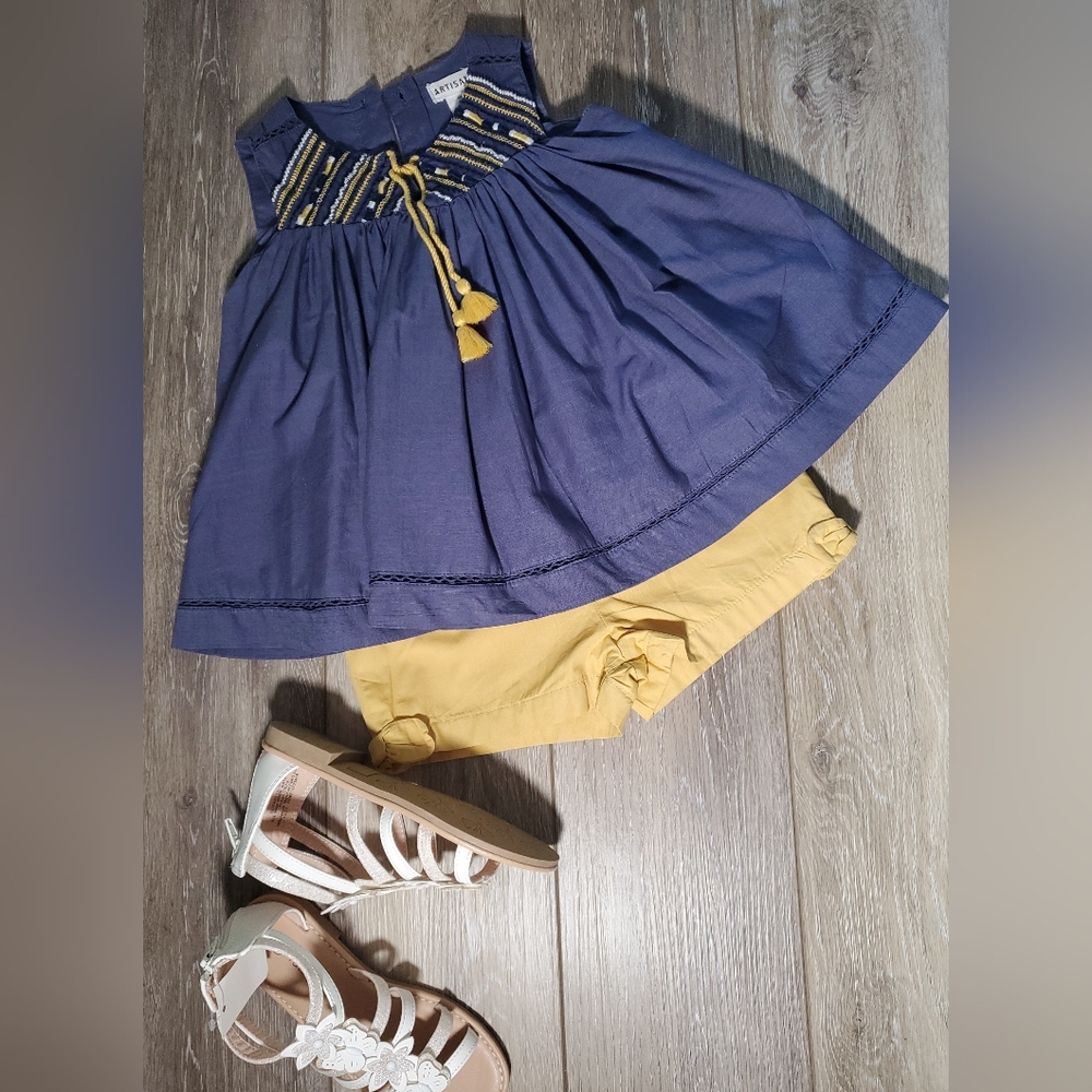 Girls Boho 2 piece mustard yellow shorts, navy sleeveless blouse set Sz 4T